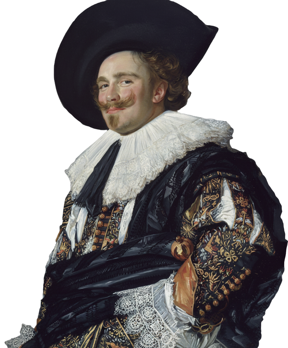 Create a small square cut-out version of the Laughing Cavalier, removing the original background so only the figure is visible, centered and suitable as a clean logo.